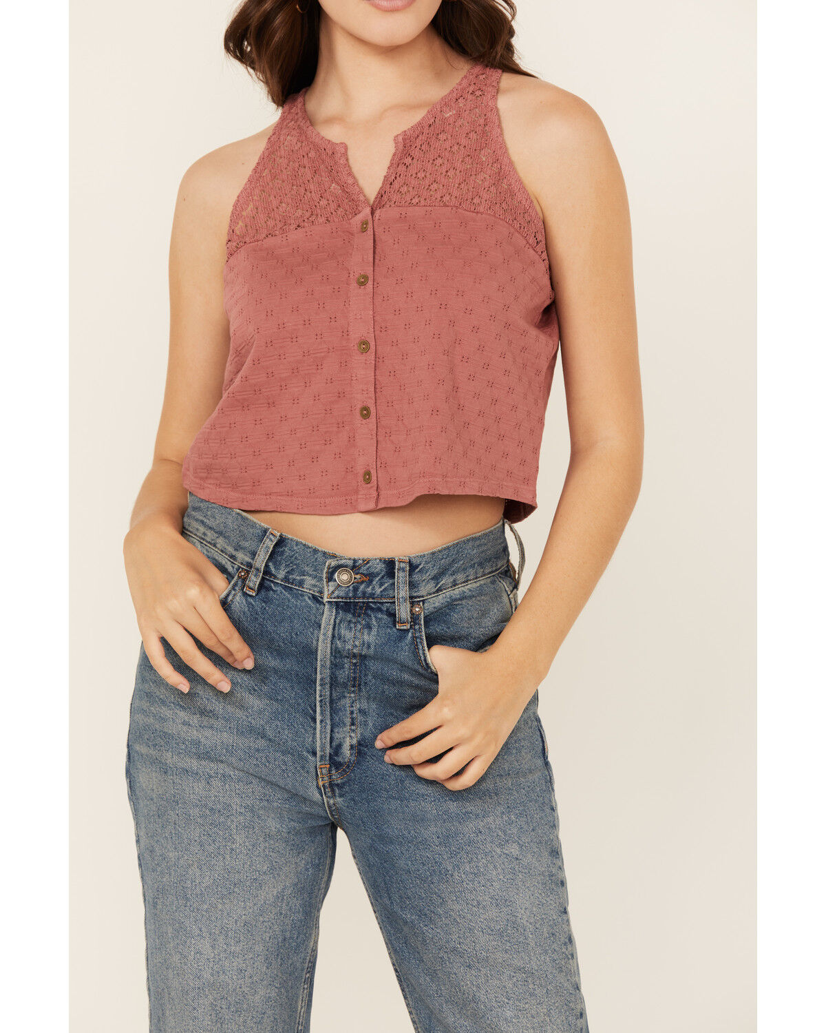Image #3 - Cleo + Wolf Women's Blaire Cropped Jacquard and Lace Tank, Oatmeal, hi-res