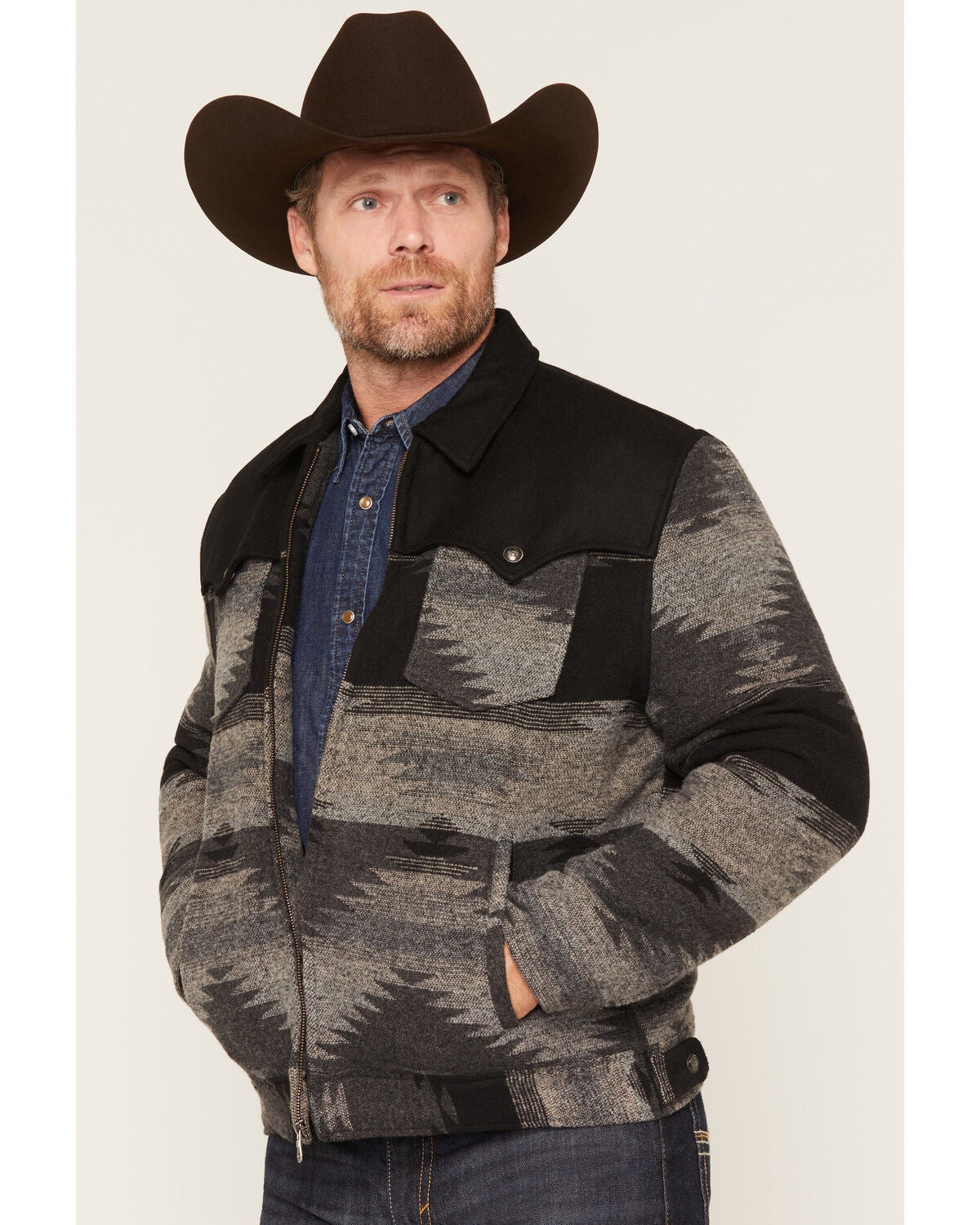 Image #2 - Cripple Creek Men's Woolish Southwestern Print Trucker Jacket, Charcoal, hi-res