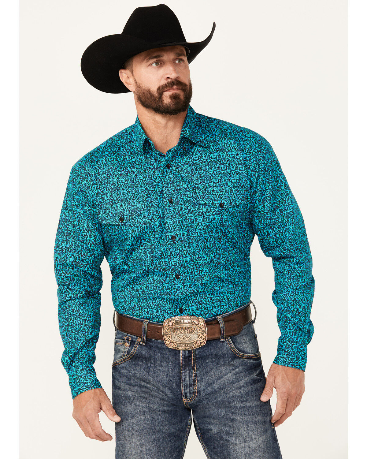Image #1 - Roper Men's Amarillo Medallion Print Long Sleeve Button-Down Shirt, Turquoise, hi-res