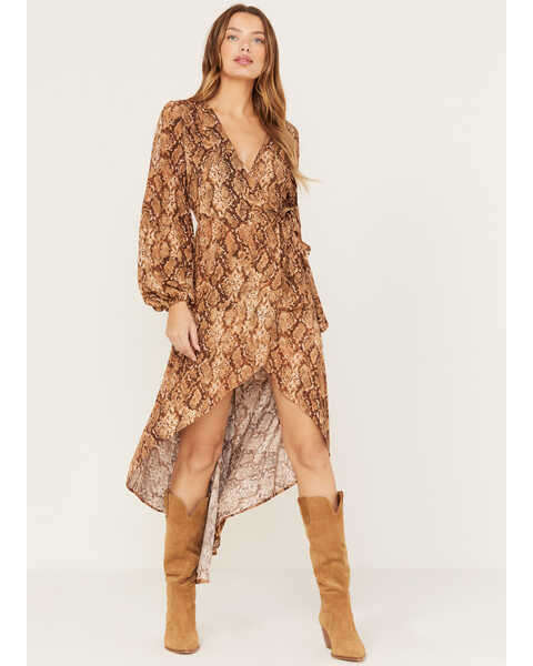 Image #1 - Shyanne Women's Snake Print Ruffle Dress, Taupe, hi-res
