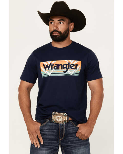 Wrangler Men's Boot Barn Exclusive Southwestern Box Logo Short Sleeve Graphic T-Shirt , Navy, hi-res