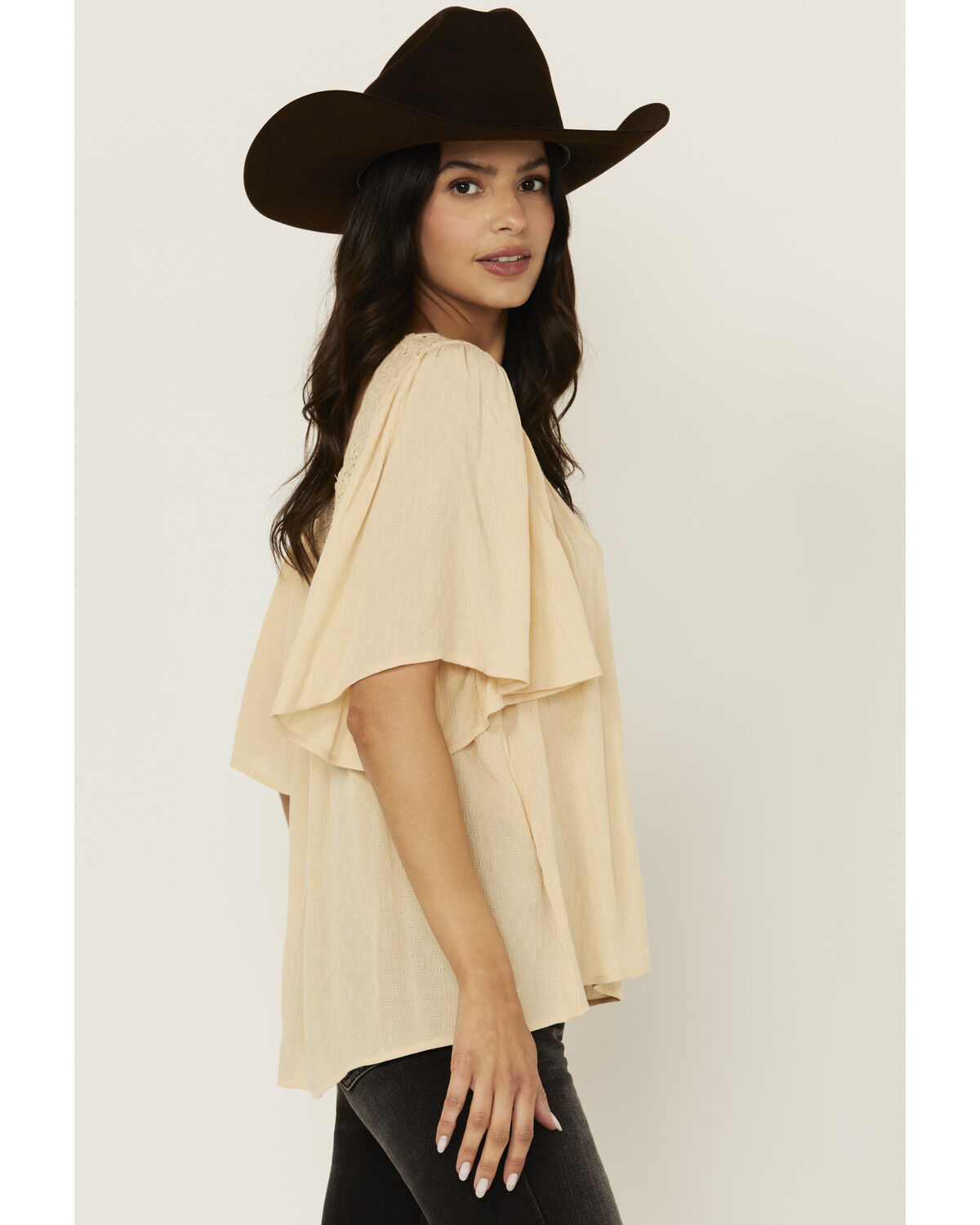 Image #2 - Band Of The Free Women's Solid Short Sleeve Ruffle Blouse, Sand, hi-res