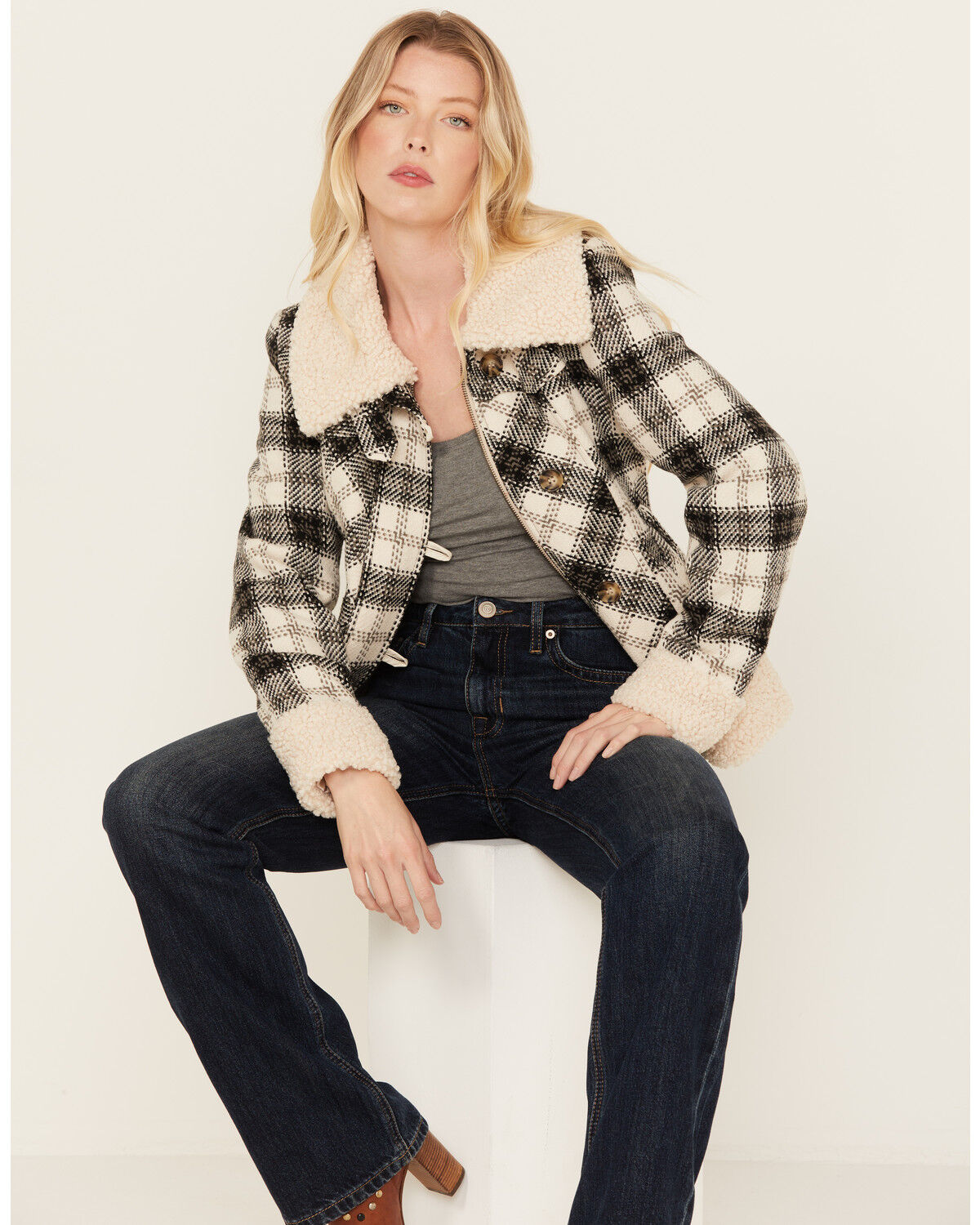 Image #1 - Powder River Outfitters Women's Plaid Print Berber Wool Jacket, Natural, hi-res