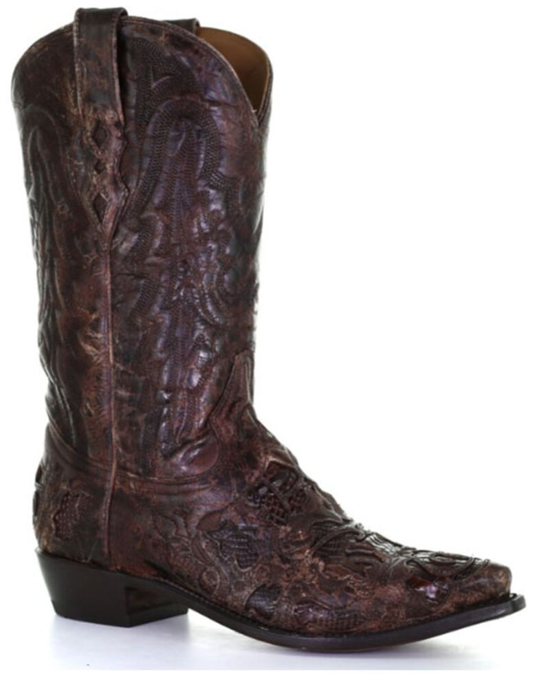 Corral Men's Brown Exotic Alligator Inlay Western Boots - Broad Square Toe, Brown, hi-res