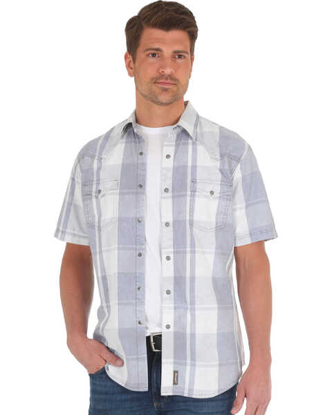 Wrangler Retro Men's Plaid Print Premium Long Sleeve Western Shirt , Grey, hi-res