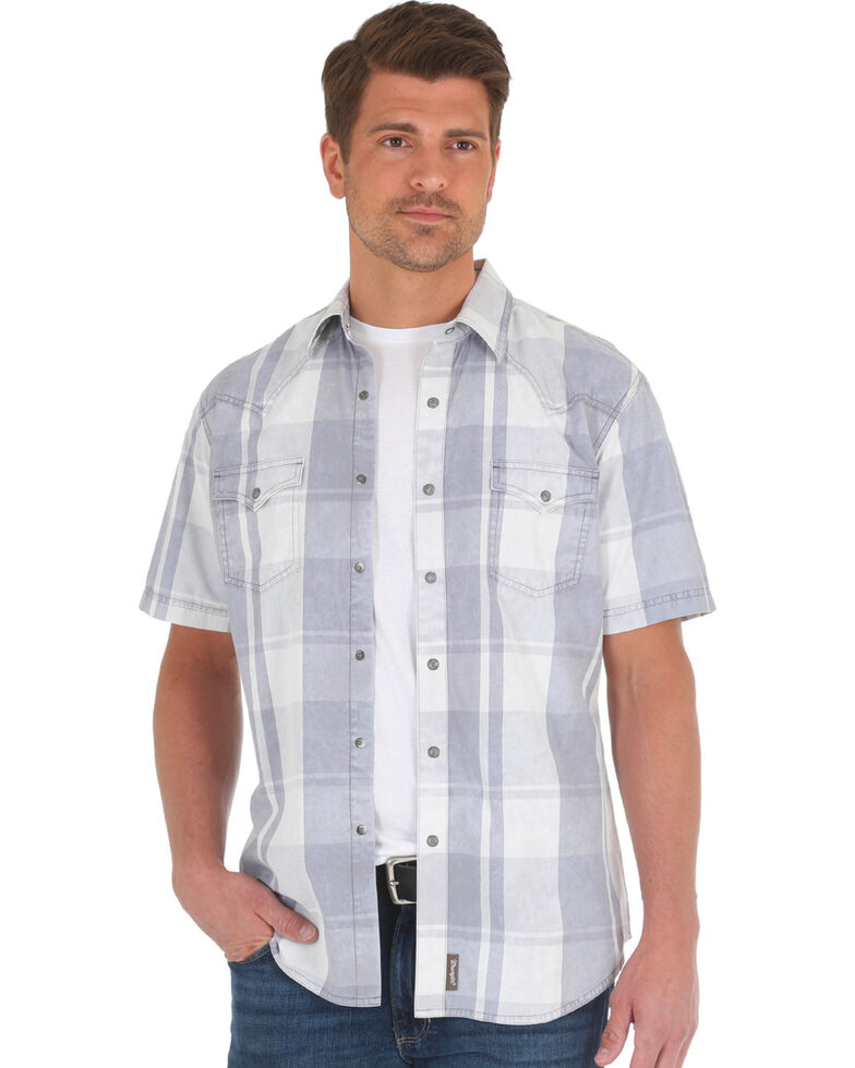 Wrangler Retro Men's Grey Plaid Premium Long Sleeve Western Shirt , Grey, hi-res