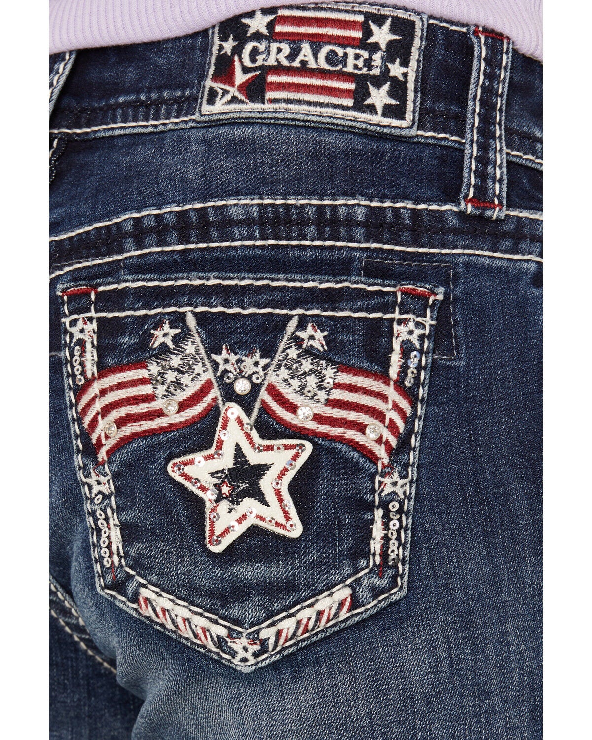 Image #4 - Grace in LA Girls' Medium Wash Americana Star & Flag Bootcut Stretch Denim Jeans, Medium Wash, hi-res