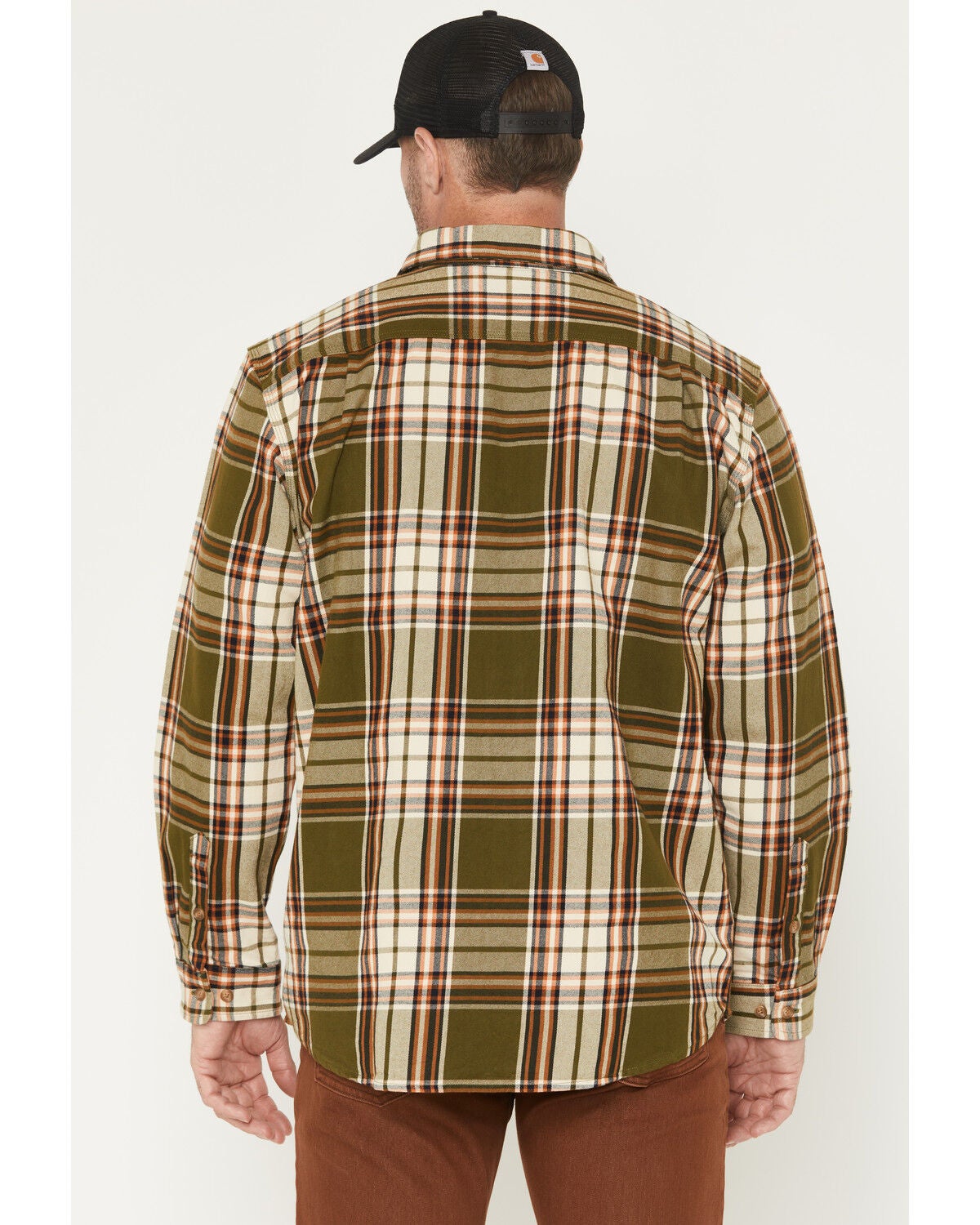 Image #4 - Carhartt Men's Heavyweight Plaid Print Long Sleeve Button-Down Flannel Shirt, Green/brown, hi-res