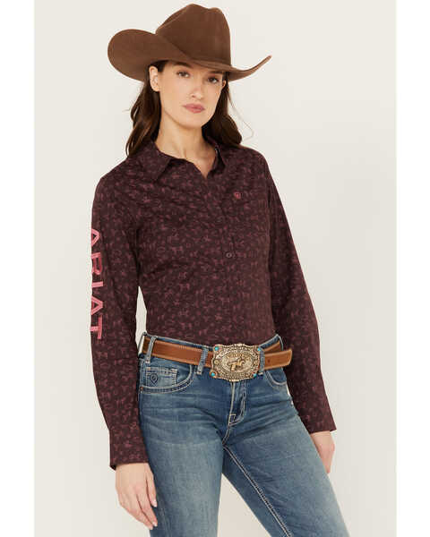Image #1 - Ariat Women's Ancestry Print Team Kirby Long Sleeve Button-Down Western Shirt, Maroon, hi-res