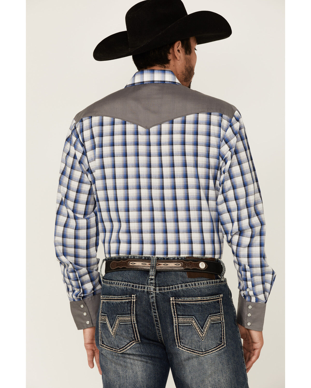 Image #4 - Roper Men's Checkered Embroidered Plaid Print Long Sleeve Pearl Snap Western Shirt, Blue, hi-res