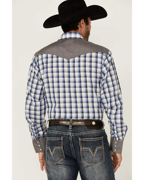 Image #4 - Roper Men's Checkered Embroidered Plaid Print Long Sleeve Pearl Snap Western Shirt , Blue, hi-res