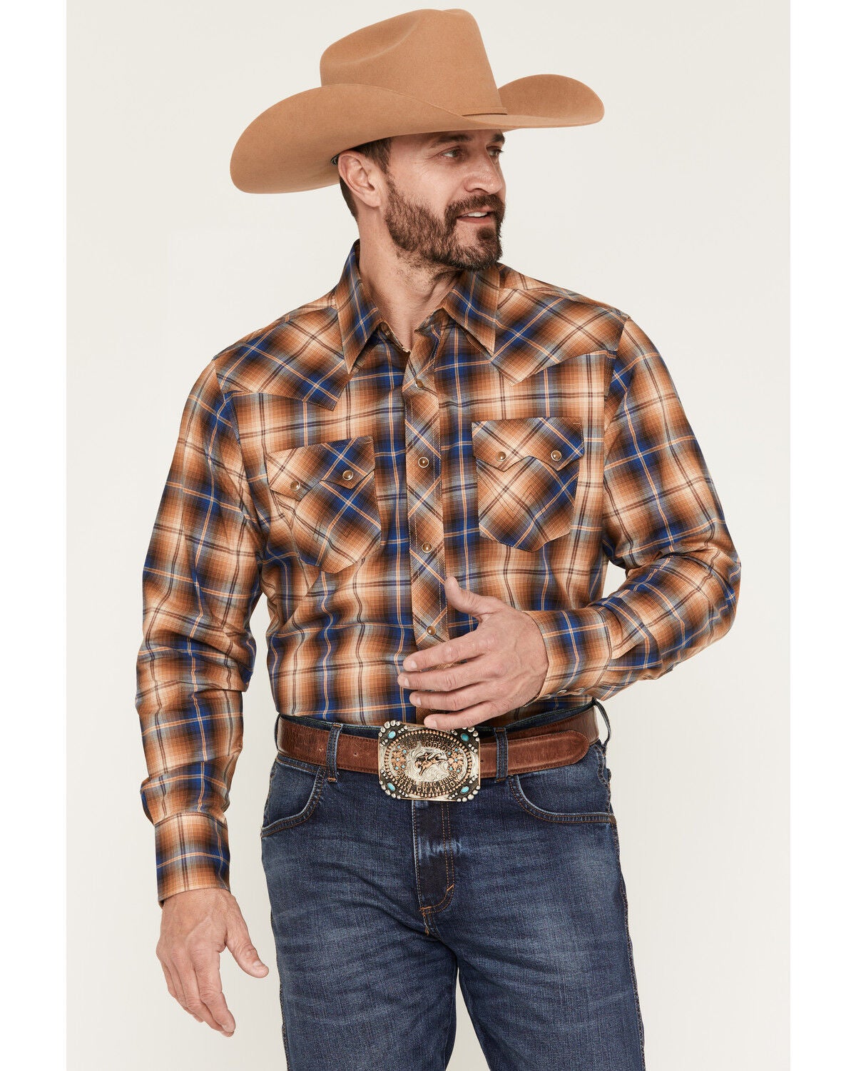 Image #1 - Wrangler Retro Men's Plaid Print Long Sleeve Snap Western Shirt - Tall, Brown, hi-res
