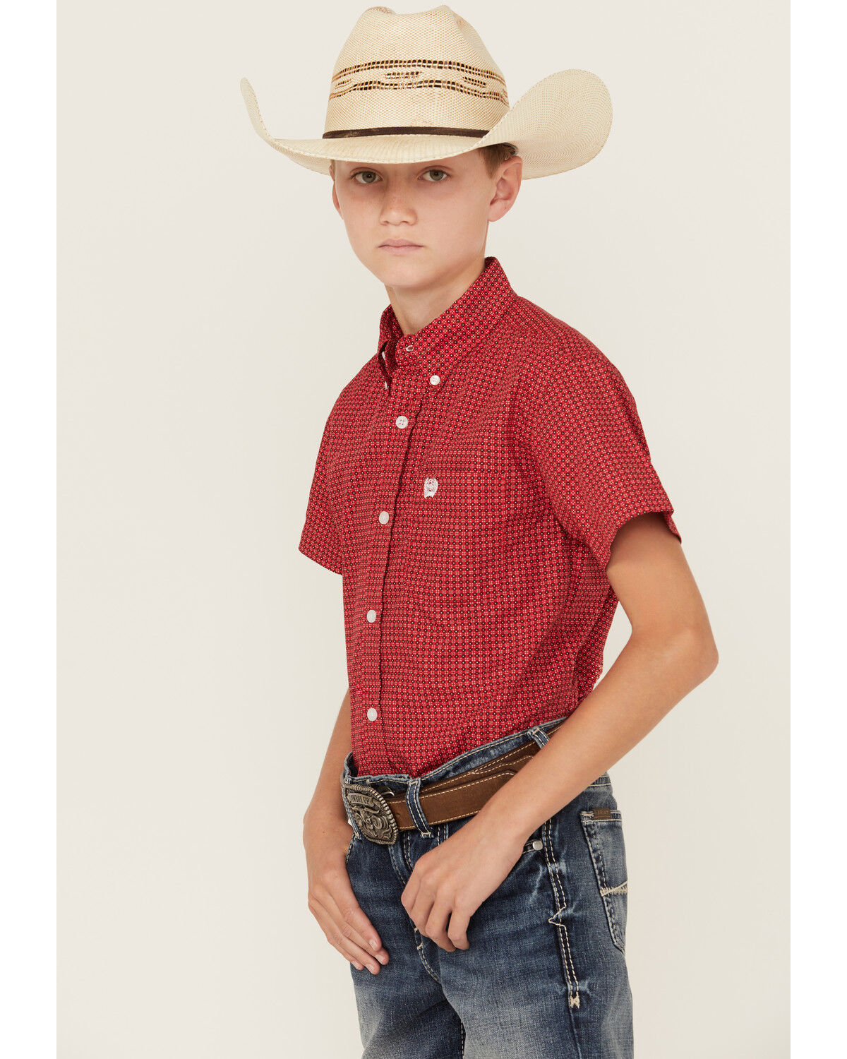 Image #2 - Cinch Boys' Geo Print Short Sleeve Button-Down Western Shirt, Red, hi-res