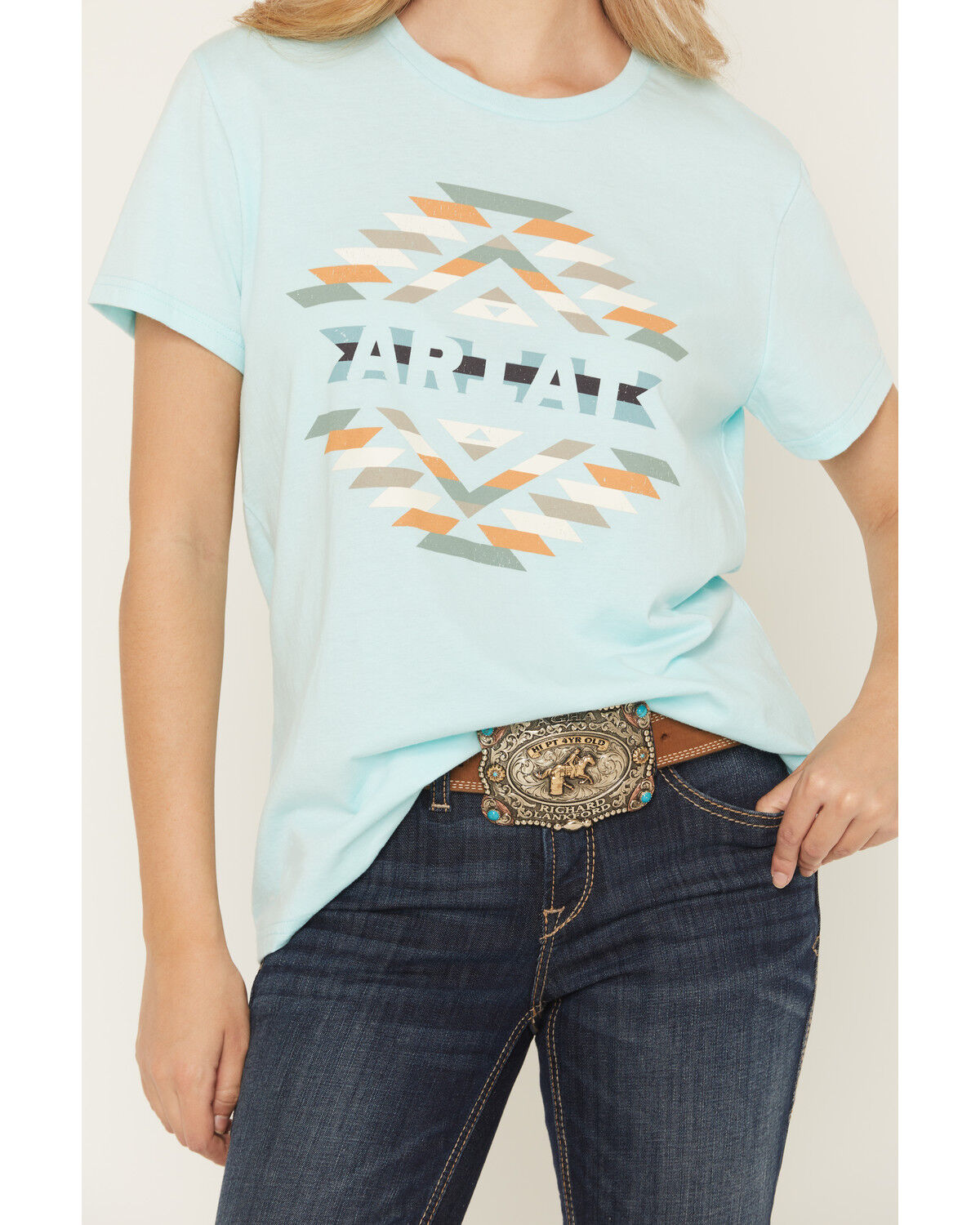 Image #3 - Ariat Women's Boot Barn Exclusive Southwestern Print Short Sleeve Graphic Tee, Teal, hi-res