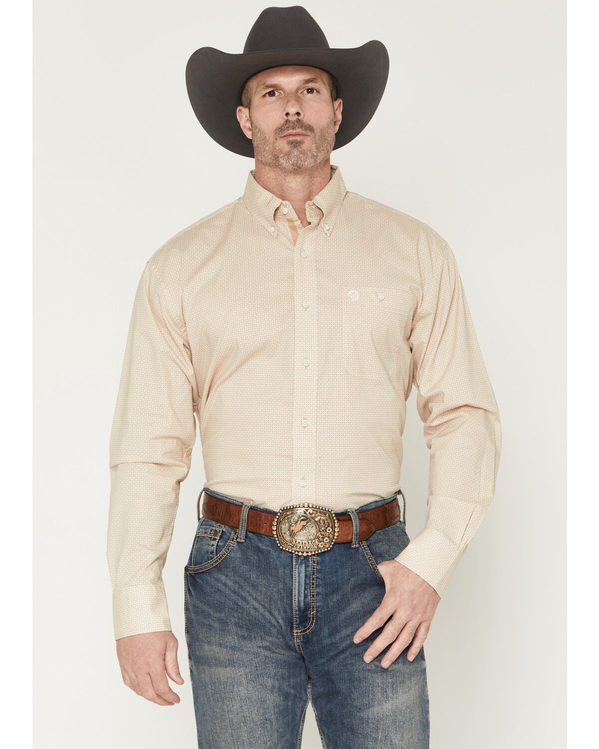 Image #1 - George Strait by Wrangler Men's Geo Print Long Sleeve Button-Down Stretch Western Shirt, Tan, hi-res