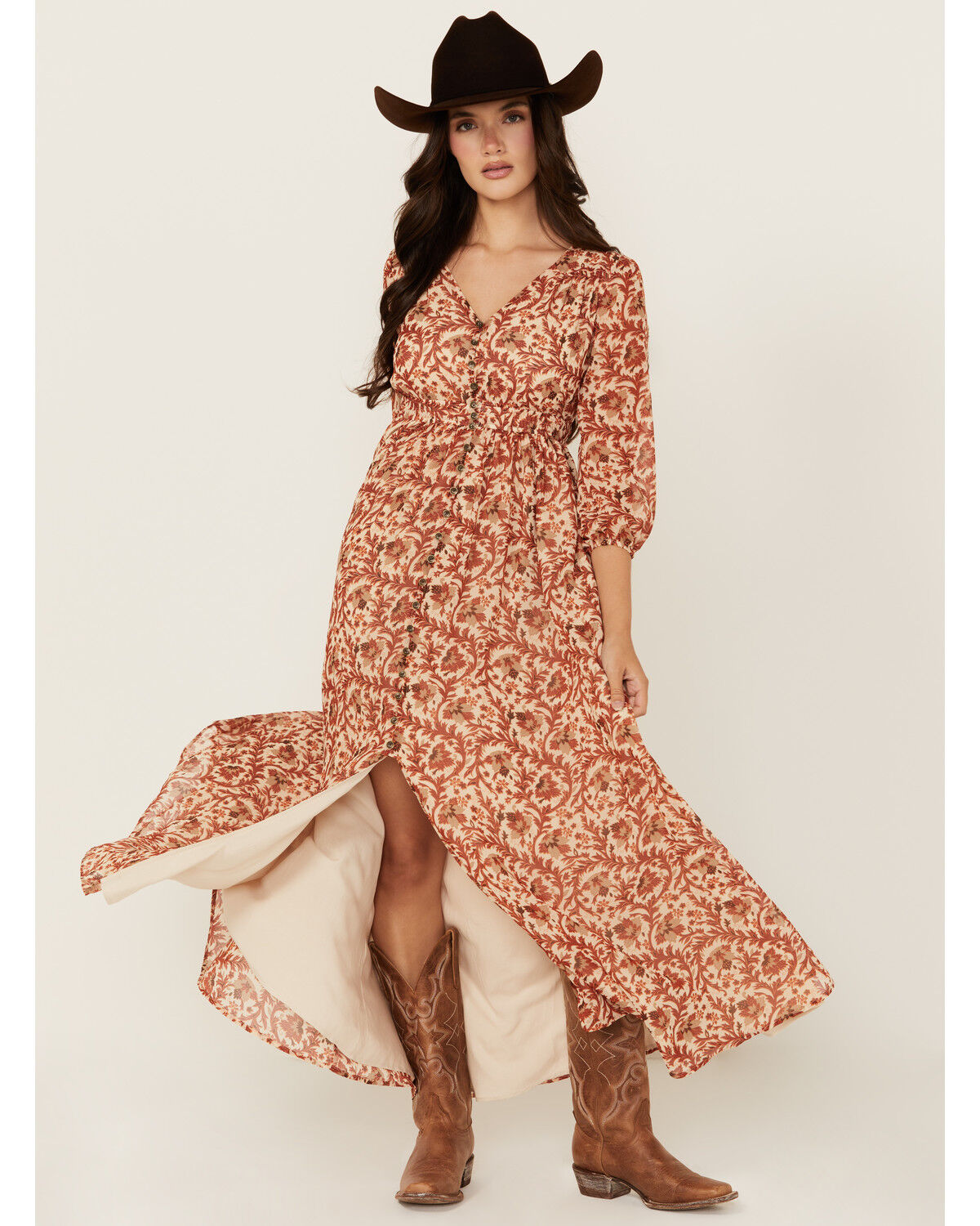 Image #1 - Shyanne Women's Chiffon Floral Print Maxi Dress, Taupe, hi-res