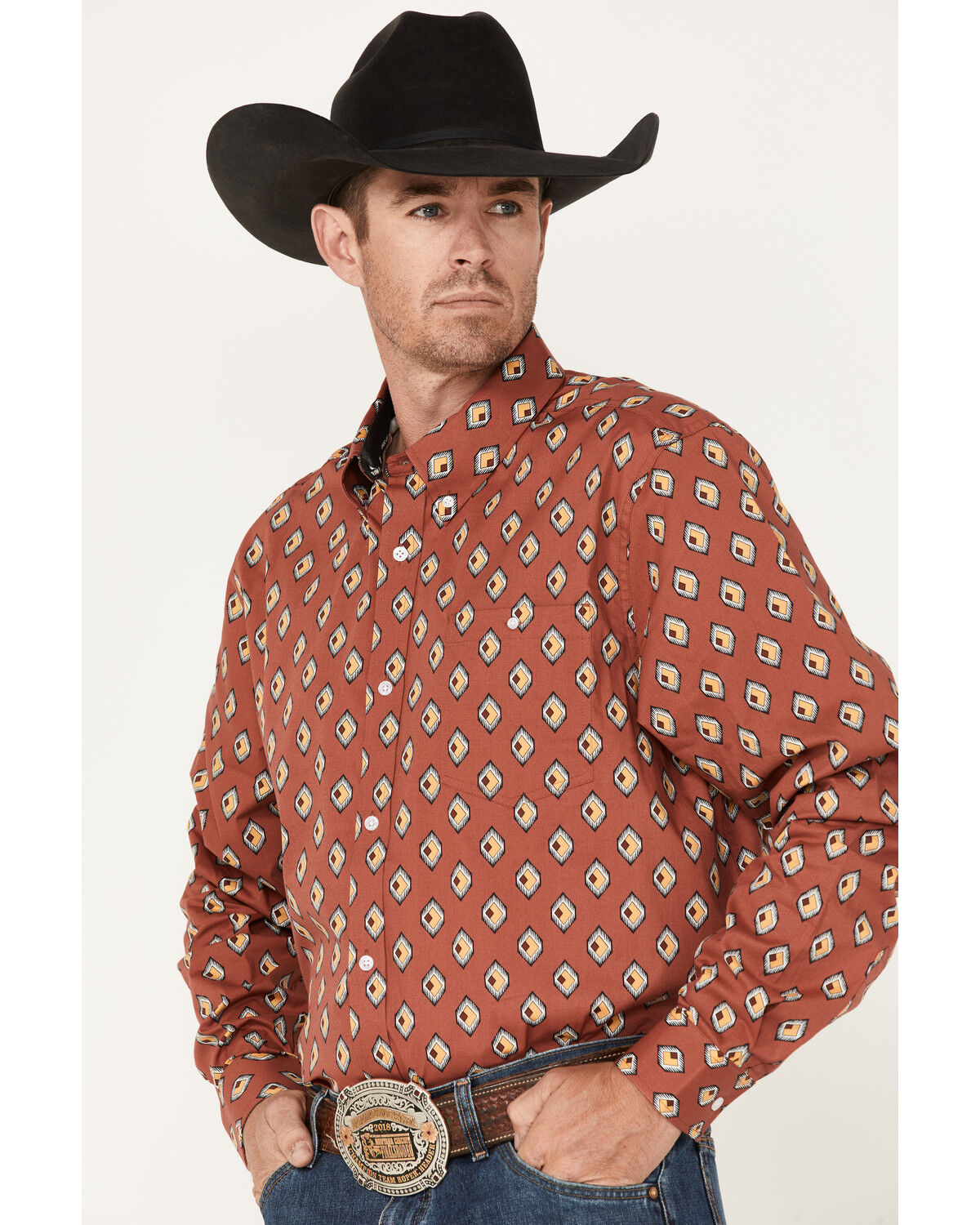 Image #2 - RANK 45® Men's Caballo Geo Print Long Sleeve Button-Down Western Shirt, Light Red, hi-res