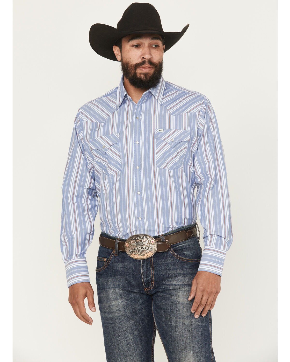 Image #1 - Ely Walker Men's Striped Long Sleeve Pearl Snap Western Shirt, Blue, hi-res