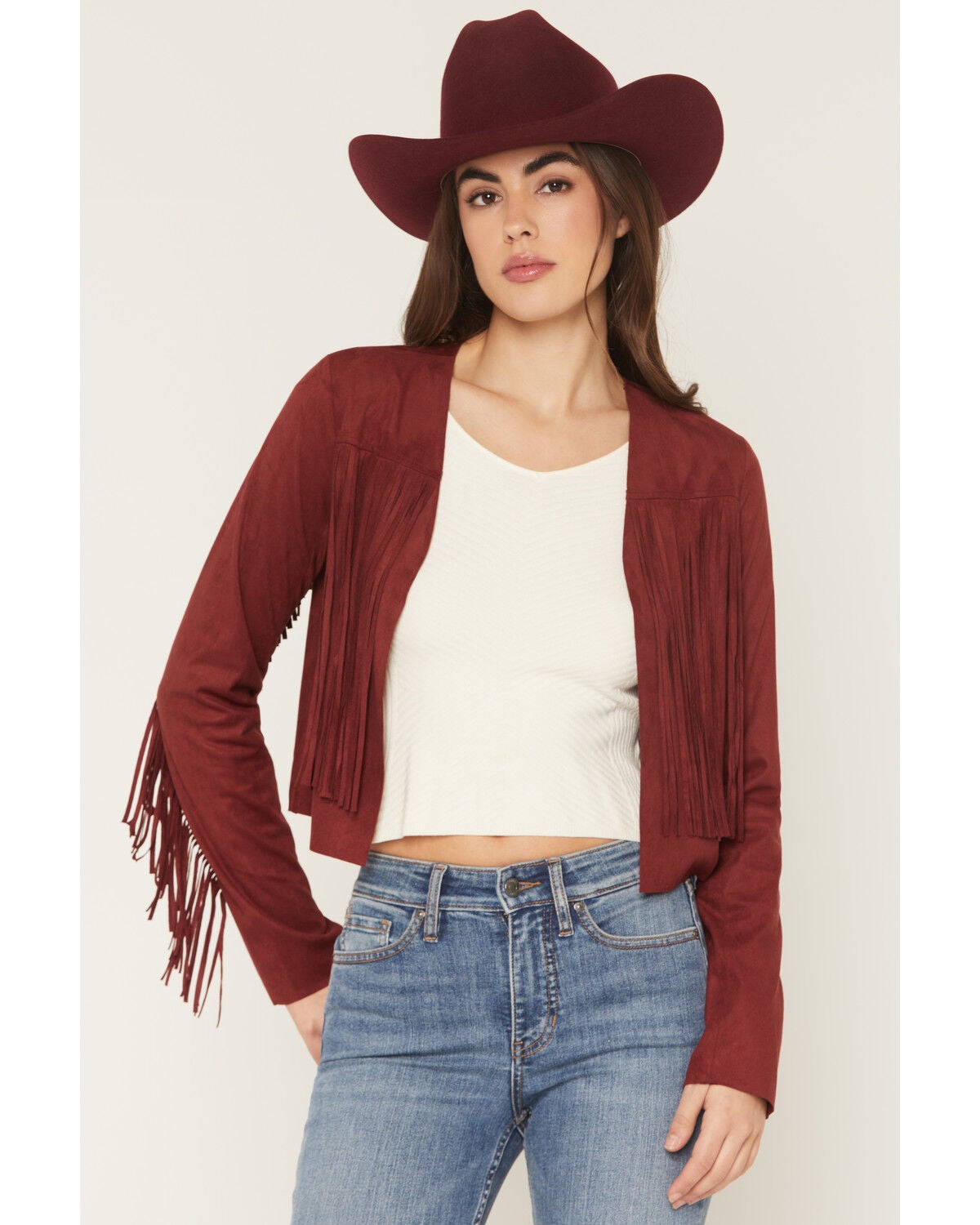 Shyanne Women's Deleon Faux Suede Cropped Fringe Jacket, Burgundy, hi-res