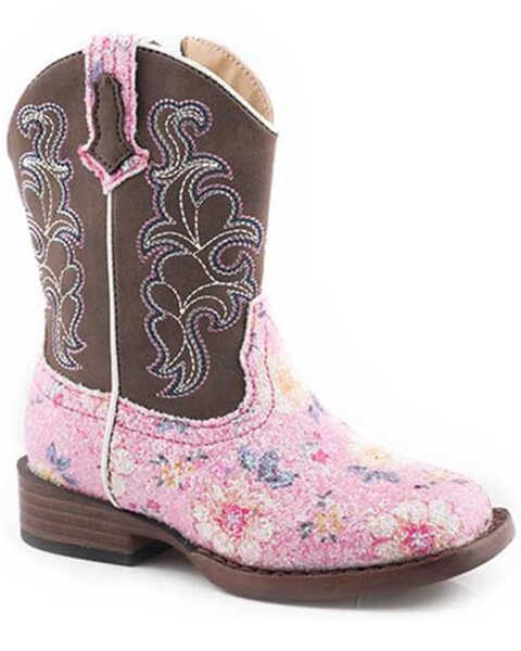 Roper Toddler Girls' Glitter Flower Western Boots - Square Toe, Pink, hi-res