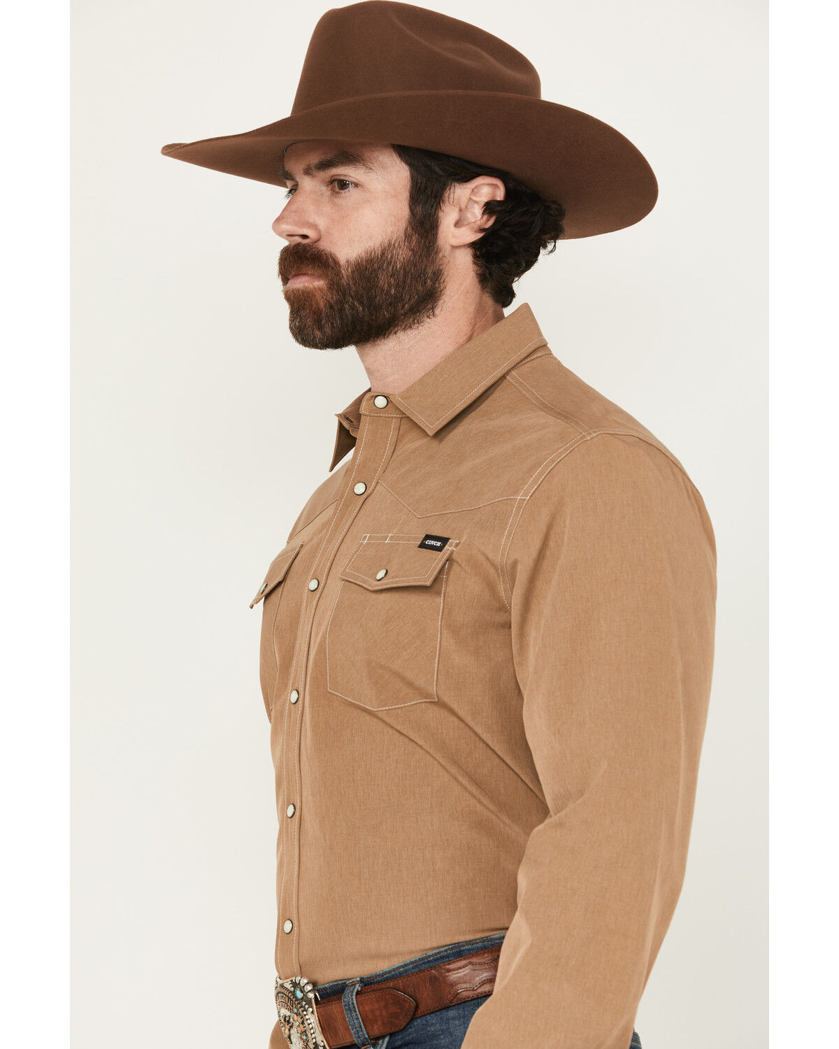 Image #3 - Cinch Men's Solid Long Sleeve Snap Western Performance Shirt, Brown, hi-res