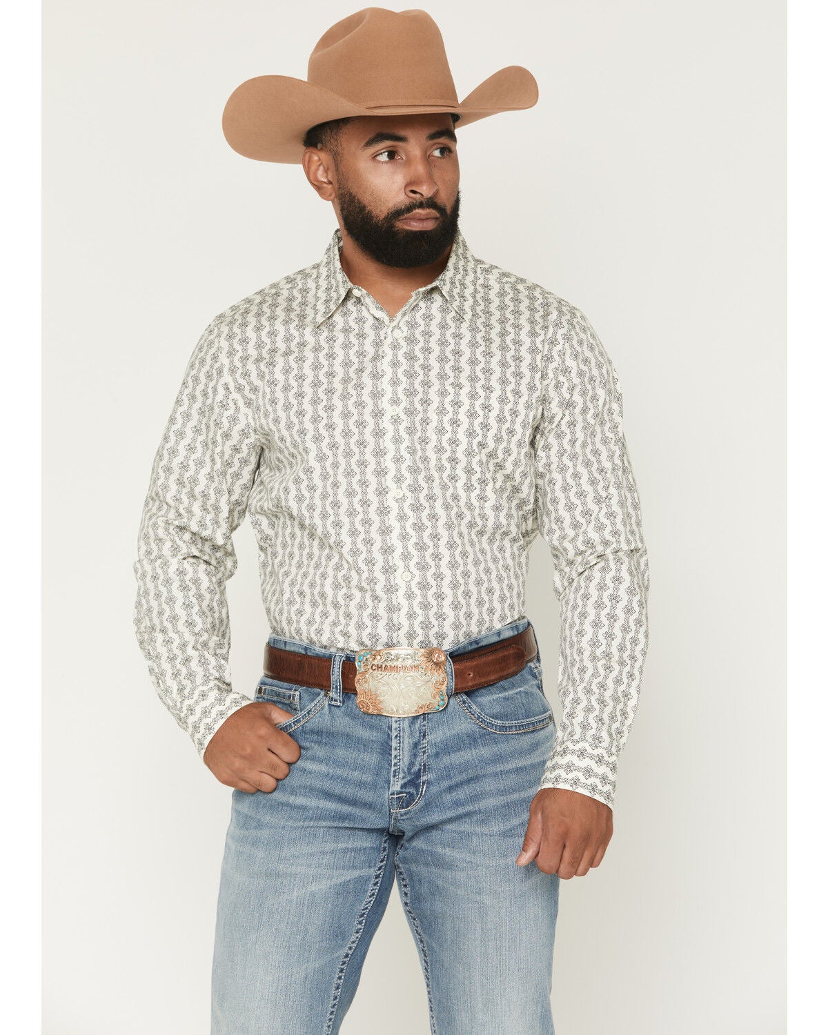 Image #1 - Gibson Trading Co Men's Pool Hall Stripe Print Long Sleeve Button-Down Western Shirt, Ivory, hi-res