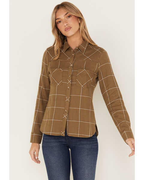 Image #1 - Shyanne Women's Plaid Print Long Sleeve Flannel Button-Down Shirt , Olive, hi-res