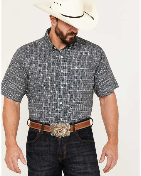 Cinch Men's ARENAFLEX Geo Print Short Sleeve Button Down Western Shirt, Navy, hi-res