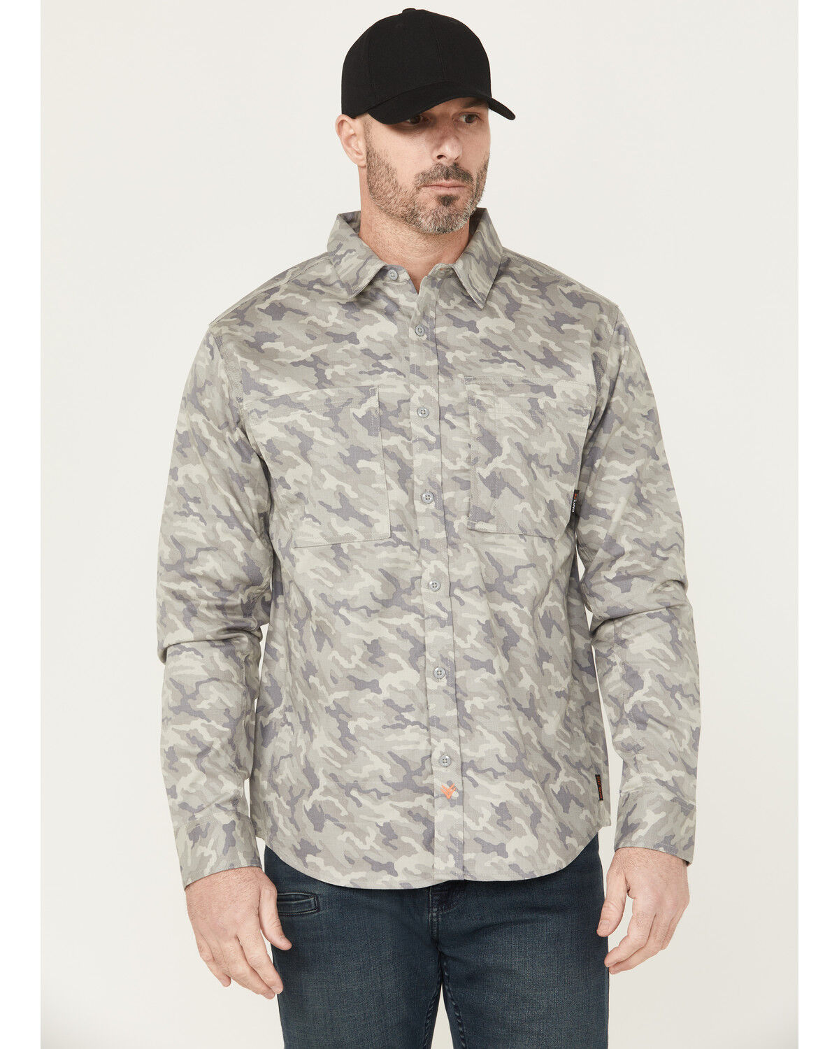 Image #1 - Hawx Men's FR Camo Print Long Sleeve Button-Down Stretch Work Shirt, Grey, hi-res