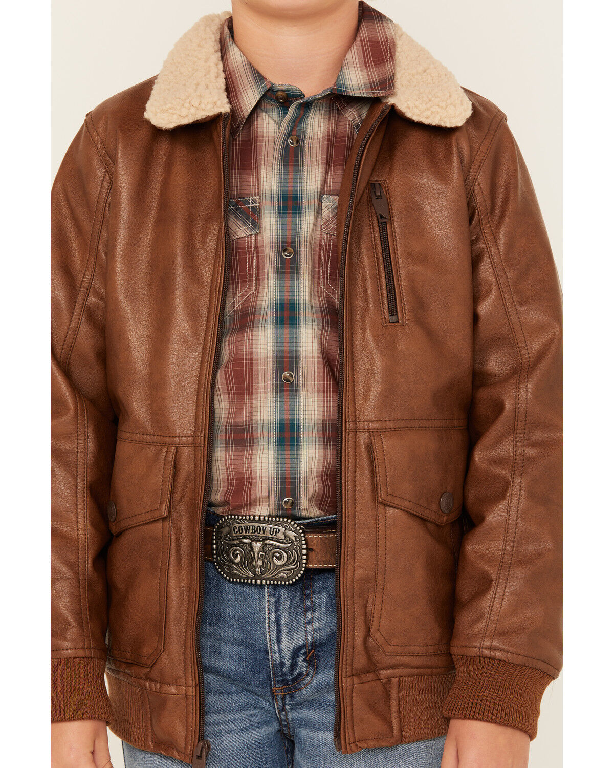 Image #3 - Urban Republic Little Boys' Faux Leather Bomber Jacket, Lt Brown, hi-res