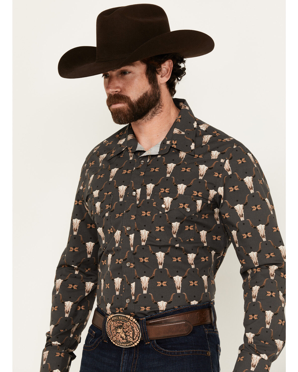 Image #2 - Rock & Roll Denim Men's Vintage '46 Steer Head Print Long Sleeve Pearl Snap Western Shirt, Black, hi-res