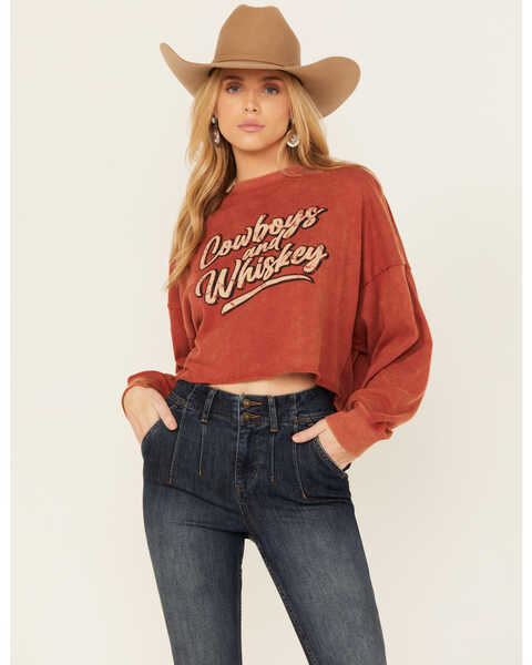 Image #2 - Rock & Roll Denim Women's Cowboys and Whiskey Pullover Sweatshirt , Red, hi-res