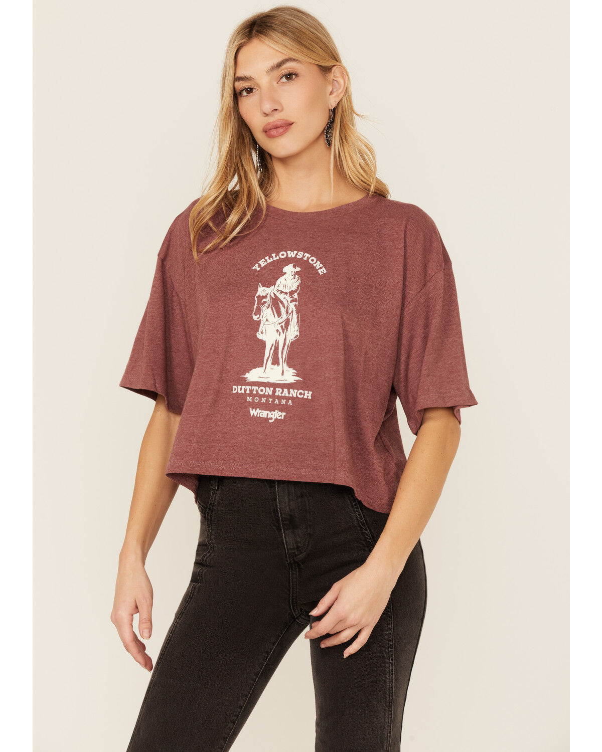 Image #1 - Wrangler Women's Yellowstone Horse Graphic Crop Tee, Burgundy, hi-res
