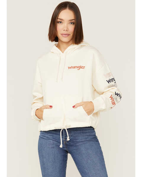 Wrangler Women's White Logo Cropped Hoodie, White, hi-res