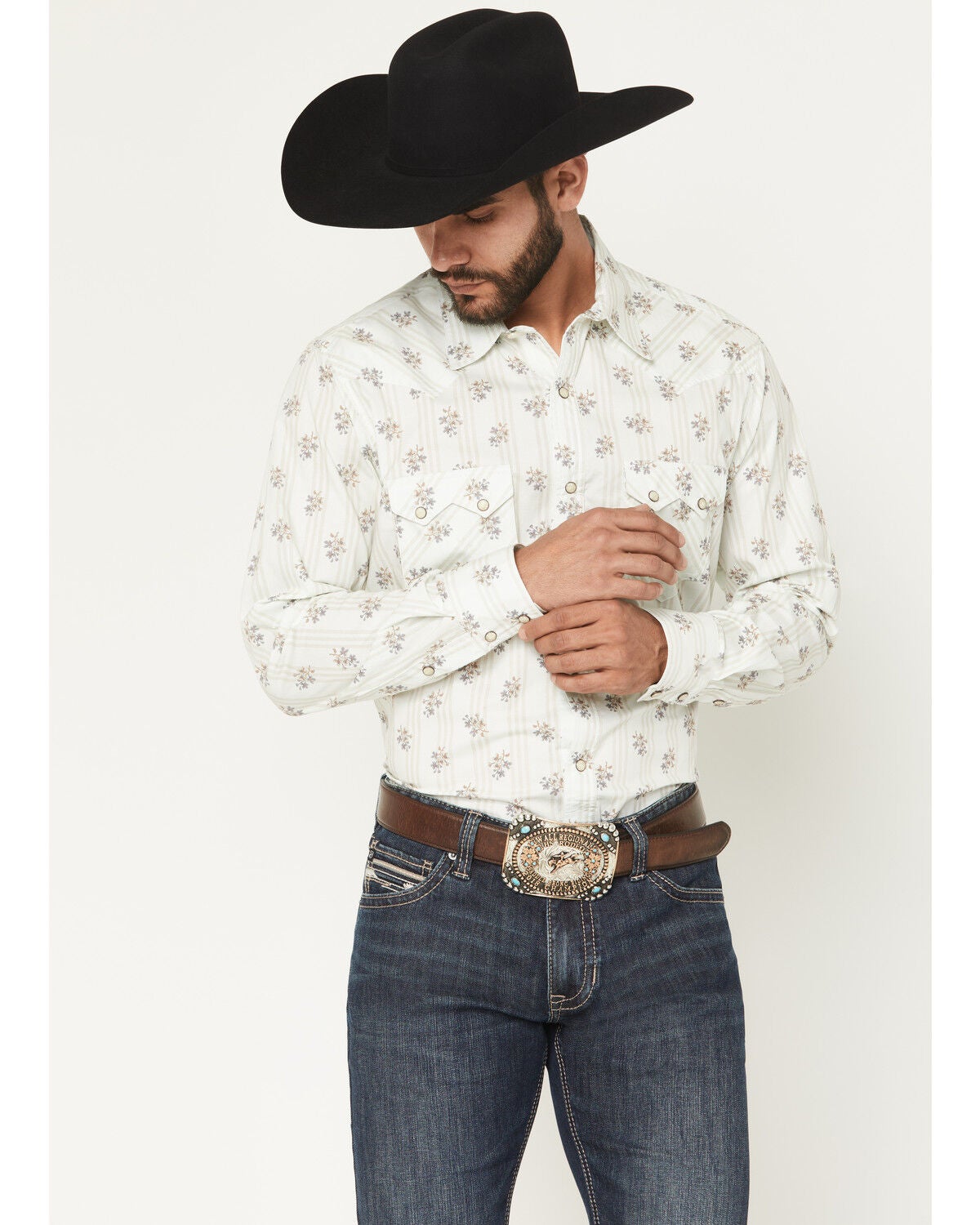 Rock & Roll Denim Men's Floral Print Long Sleeve Snap Stretch Western Shirt, Natural, hi-res