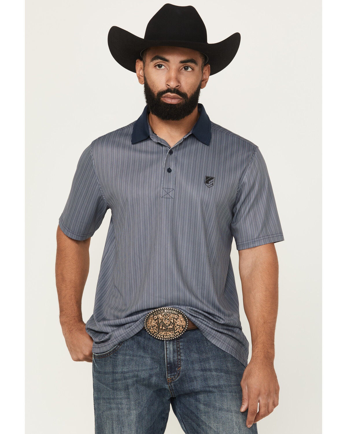 RANK 45&reg; Men's Railroad Striped Short Sleeve Polo, Light Blue, hi-res