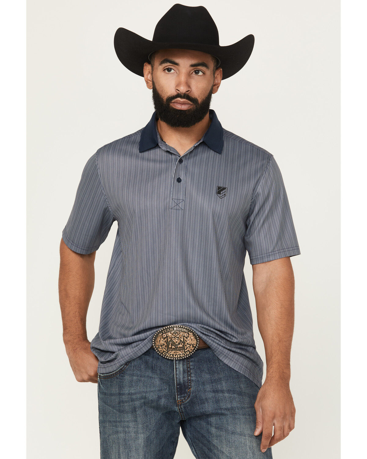 Image #1 - RANK 45® Men's Railroad Striped Short Sleeve Polo, Light Blue, hi-res