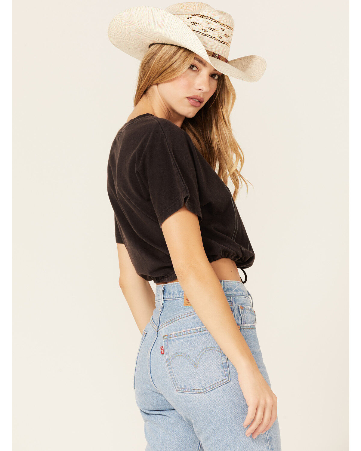 Image #4 - Cleo + Wolf Women's Living Free Graphic Drawcord Crop Tee, Black, hi-res