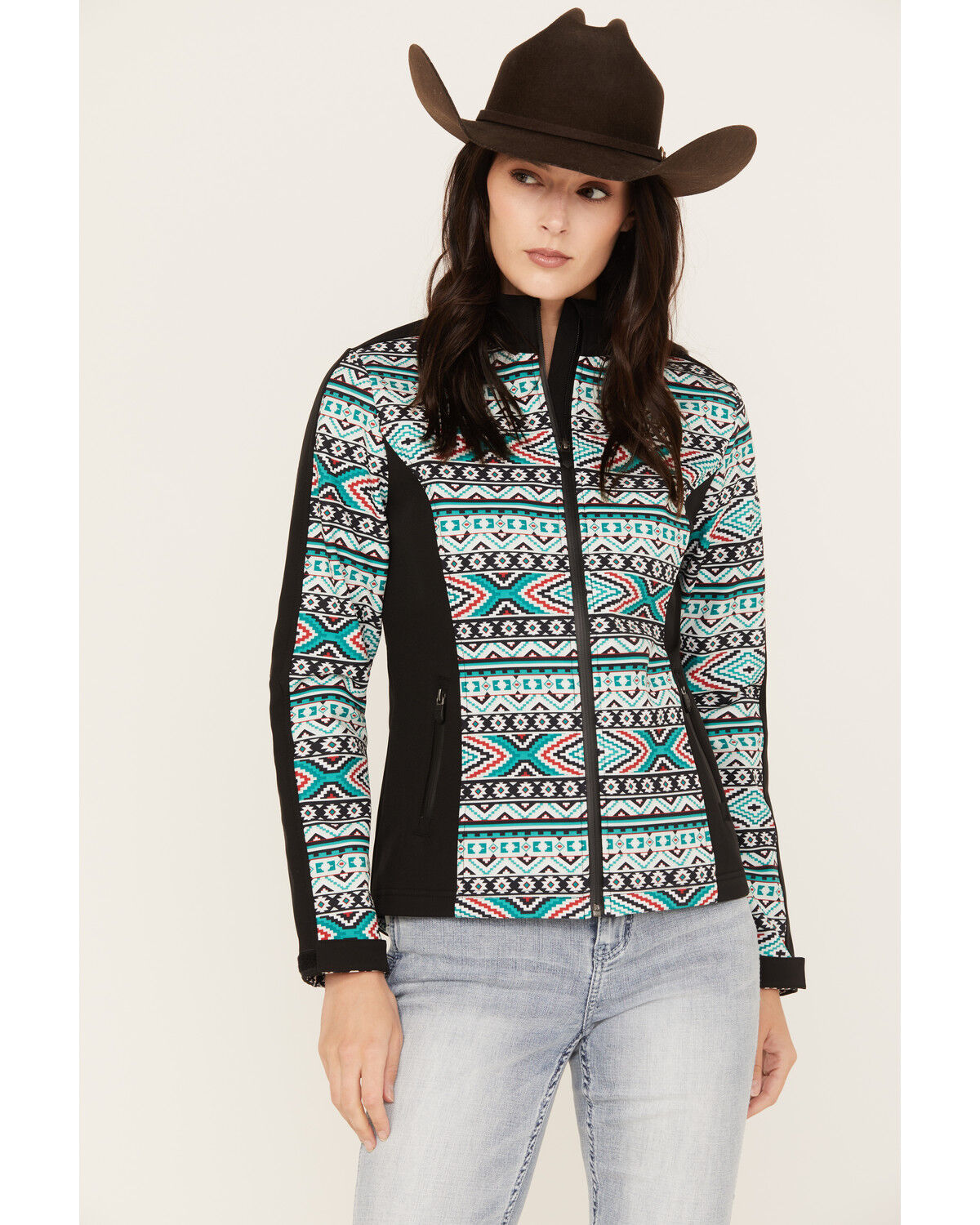 Image #1 - RANK 45® Women's Atha Geo Print Softshell Jacket, Green, hi-res