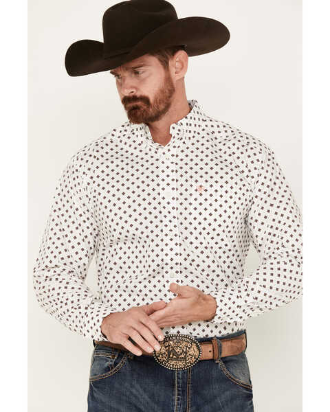 Ariat Men's Aiden Geo Print Classic Fit Long Sleeve Button-Down Western Shirt , White, hi-res