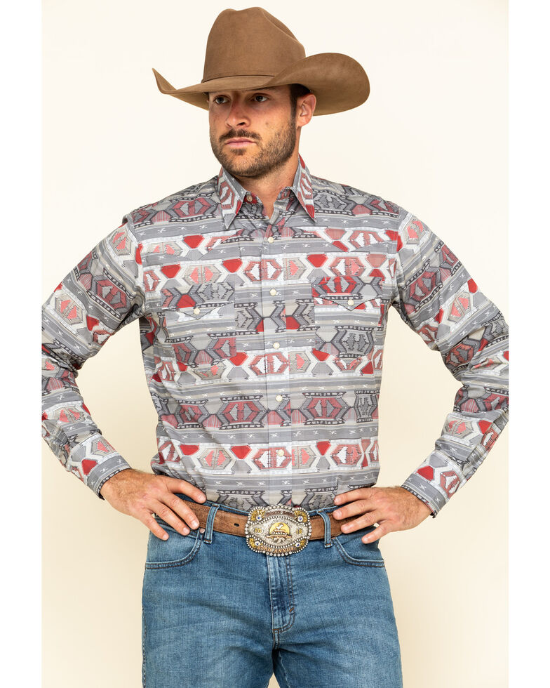 Roper Men's West Made Southwestern Weaving Print Long Sleeve Western Shirt , Red, hi-res