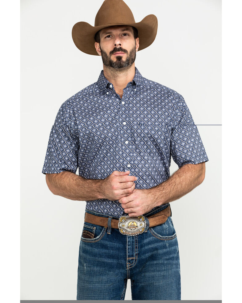 Tuf Cooper Men's Navy Stretch Geo Print Short Sleeve Western Shirt , Navy, hi-res