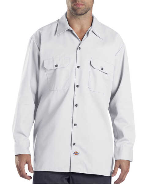 Dickies Men's Solid Twill Button Down Long Sleeve Work Shirt, White, hi-res