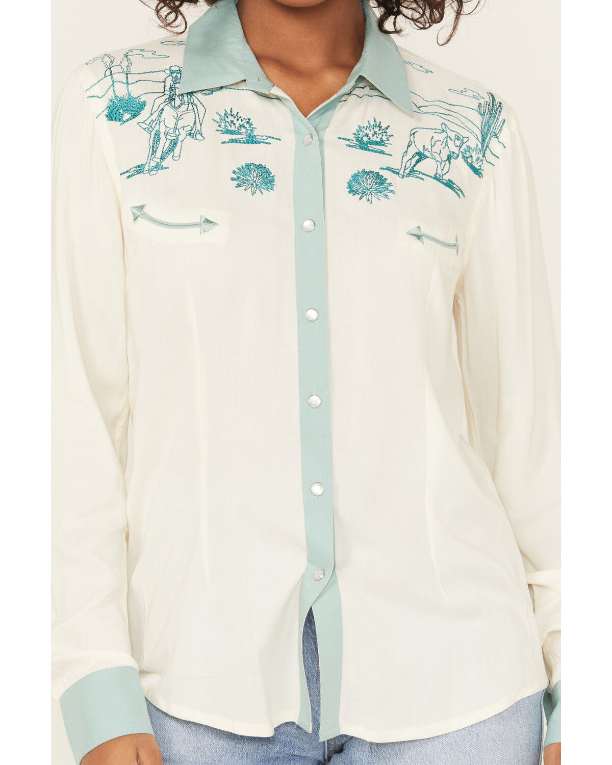 Image #3 - Panhandle Women's Retro Roping Cowgirl Embroidered Long Sleeve Pearl Snap Western Shirt, Cream, hi-res