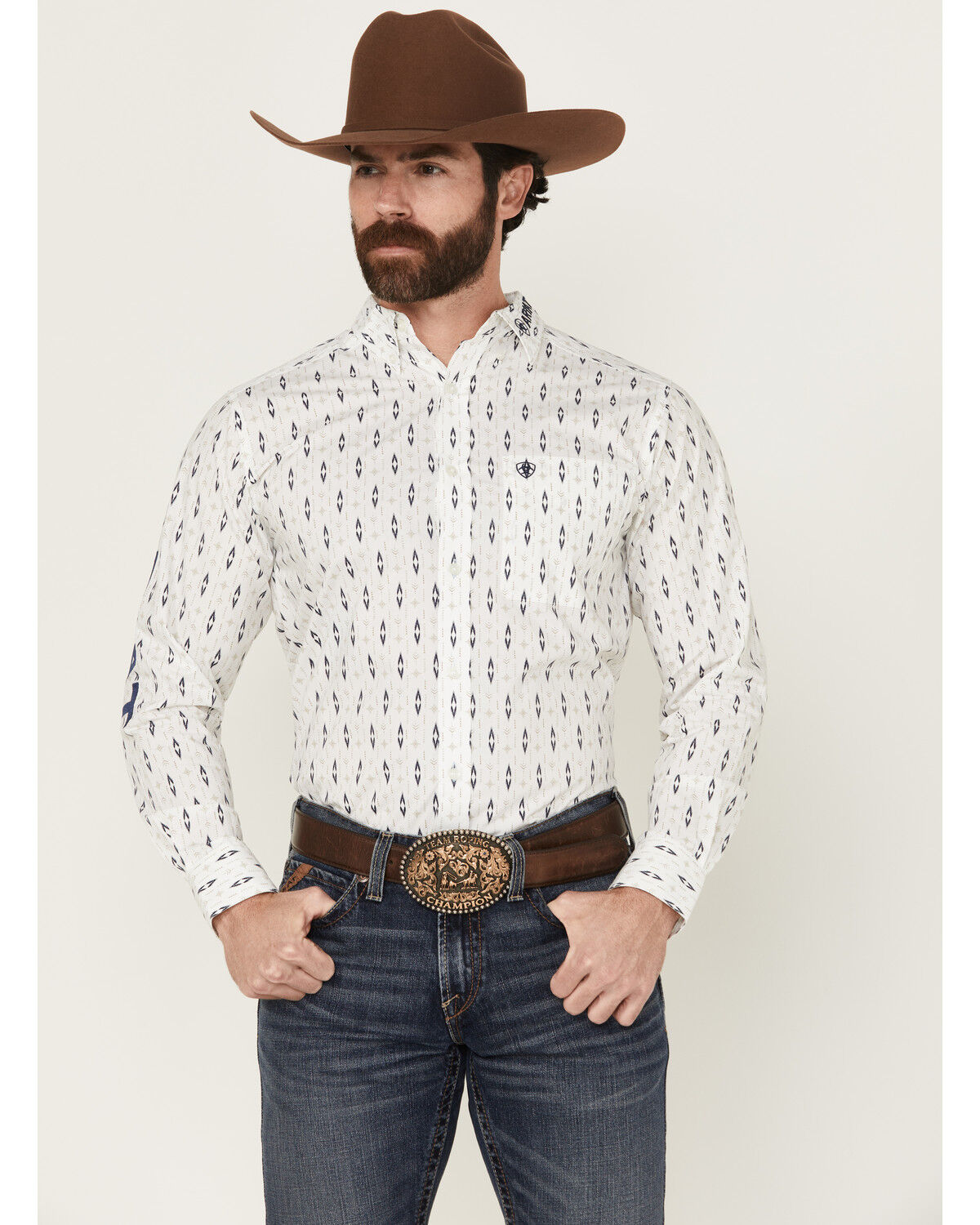 Image #1 - Ariat Men's Team Perkins Geo Print Long Sleeve Button-Down Western Shirt, White, hi-res