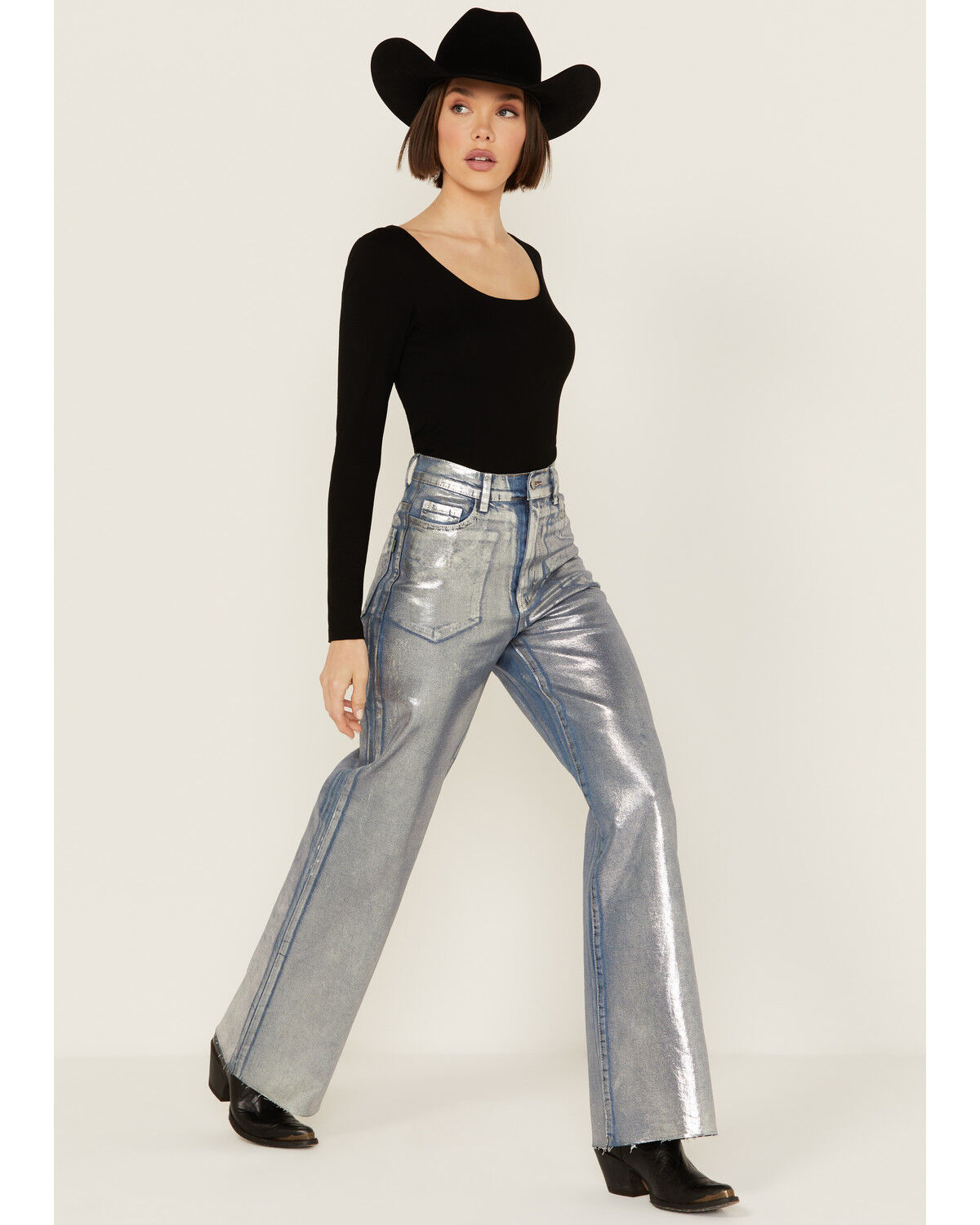 Image #1 - Vibrant Denim Women's Medium Wash Metallic Wide Leg Denim Jeans, Medium Wash, hi-res