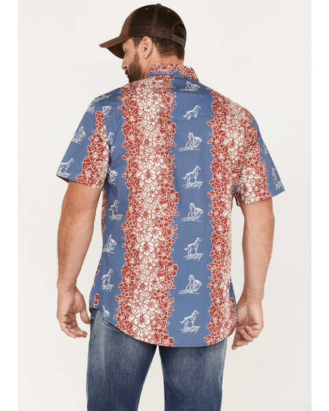 Image #4 - Tin Haul Men's Paniolo Tropical Horse Print Short Sleeve Western Shirt , Blue, hi-res