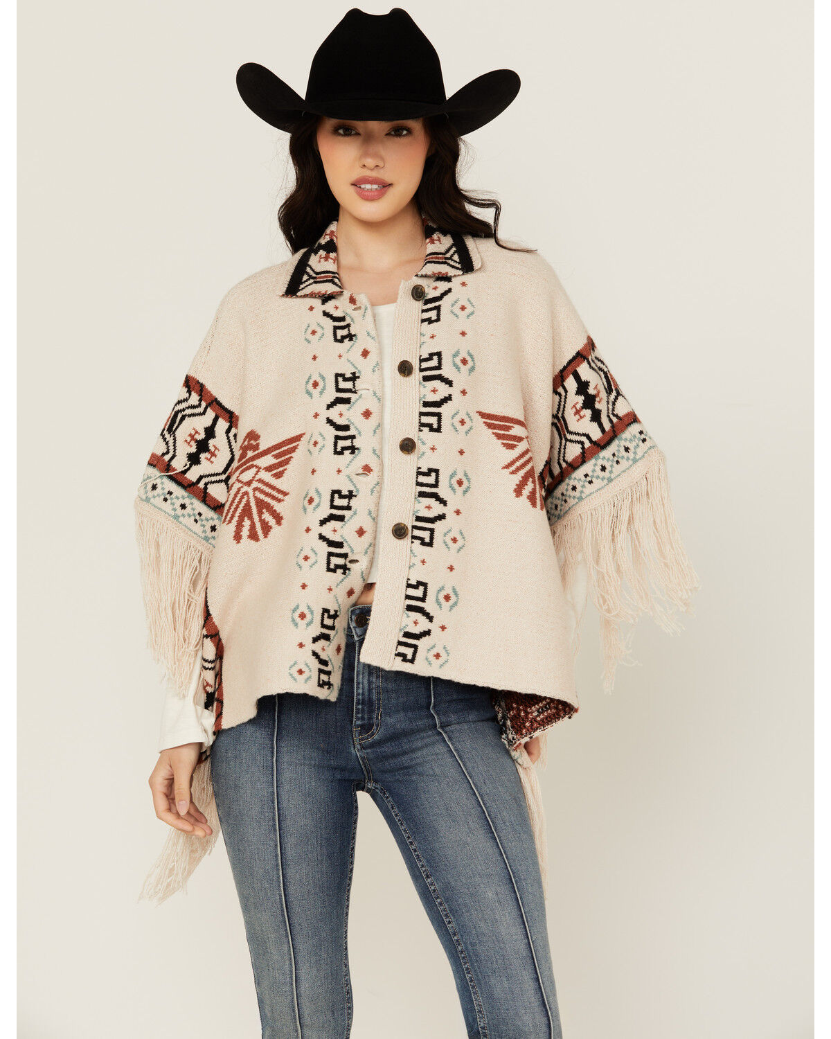 Image #2 - Idyllwind Women's Flyaway Southwestern Print Fringe Button-Down Poncho, Ivory, hi-res