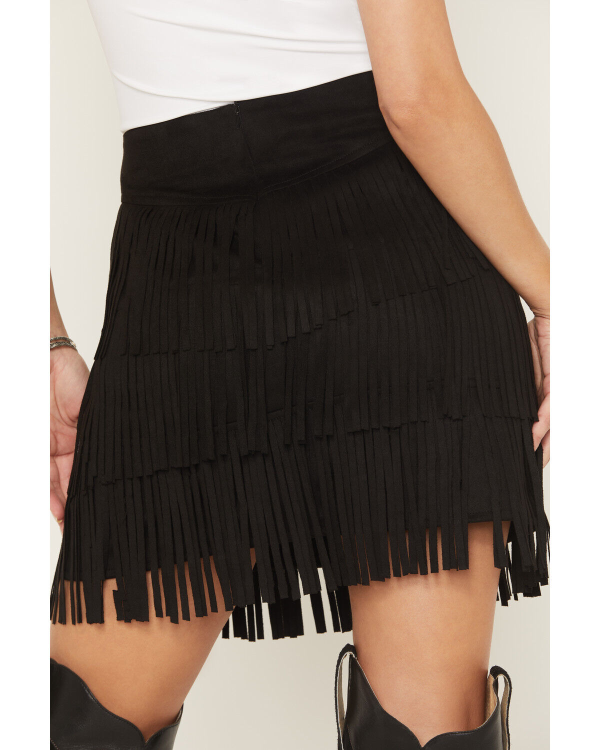 Image #4 - Fornia Women's Faux Suede Fringe Mini Skirt, Black, hi-res