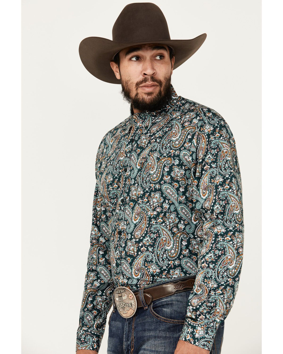 Image #2 - Cinch Men's Paisley Print Long Sleeve Button-Down Western Shirt, Dark Green, hi-res